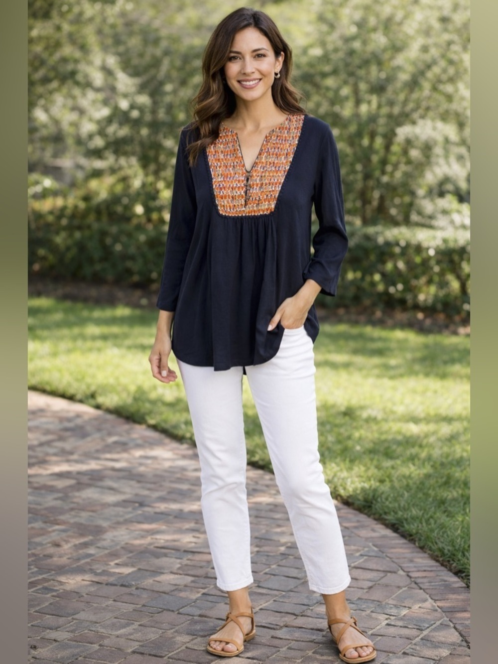 Orvis Boho Artisan Folk Blouse L Embroidered V Neck Button Front Textured